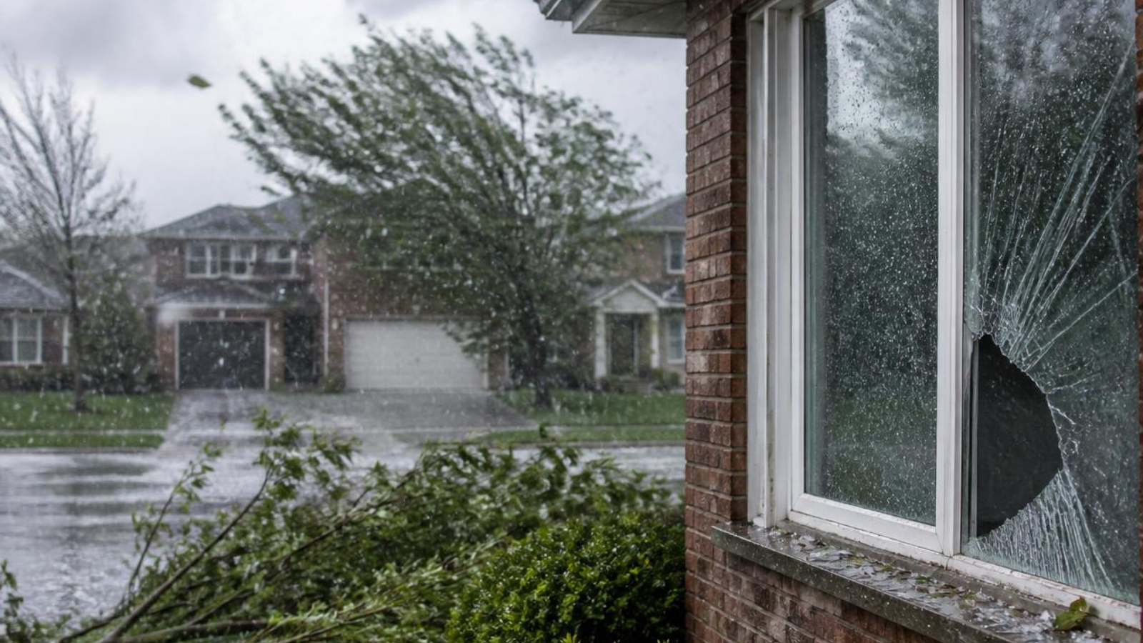 Emergency window repair GTA - shattered home window with a hole punched through the glass during a hail and wind storm