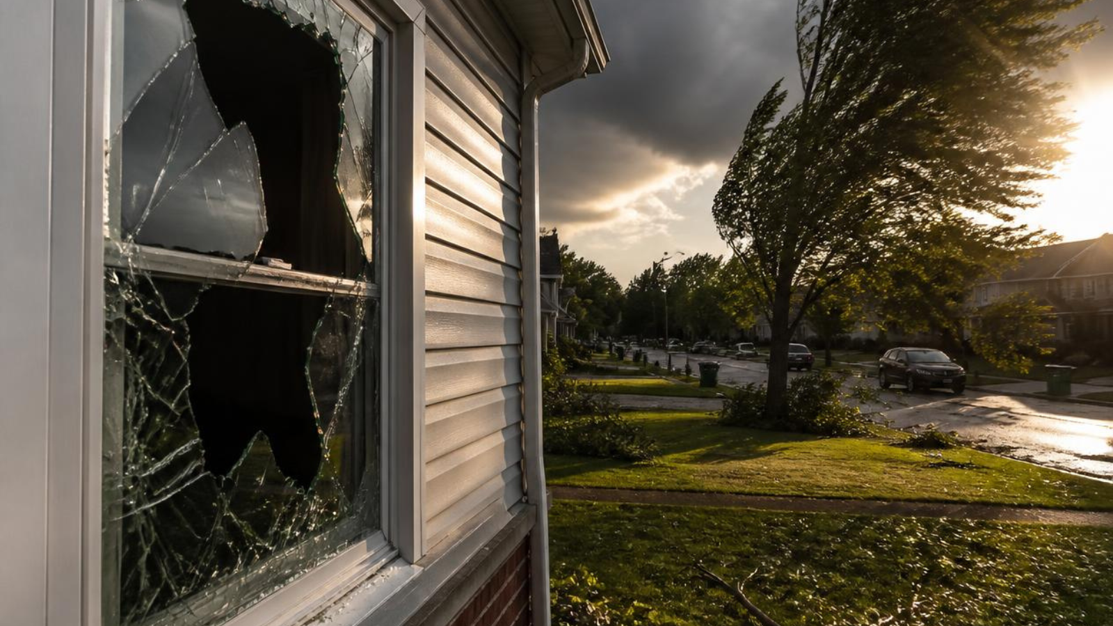 Storm window repair Ontario - a shattered residential window with a storm-darkened sky and wind-bent tree in the background