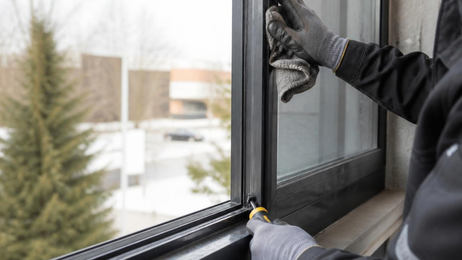 Aluminum frame maintenance: gloved technician wiping a black aluminum window frame with a gray cloth while adjusting the sliding track with a yellow-handled screwdriver