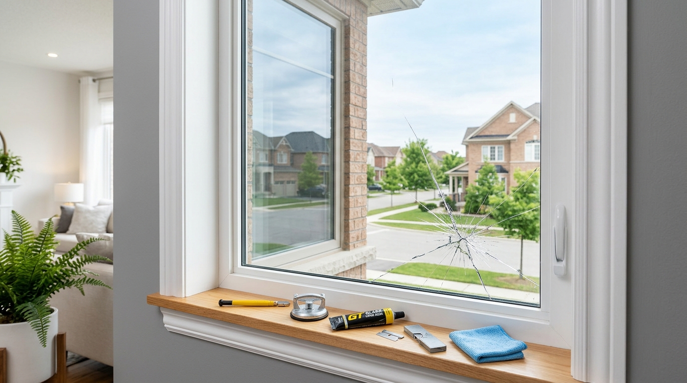 Window glass repair cost Brampton: technician measuring a cracked window pane before replacement